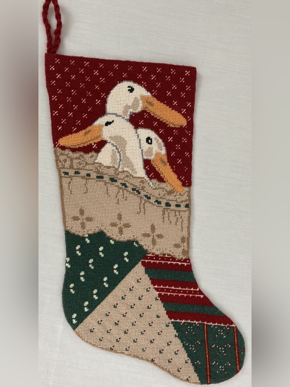Bucilla Vintage Finished Needlepoint Christmas Stocking Three Geese